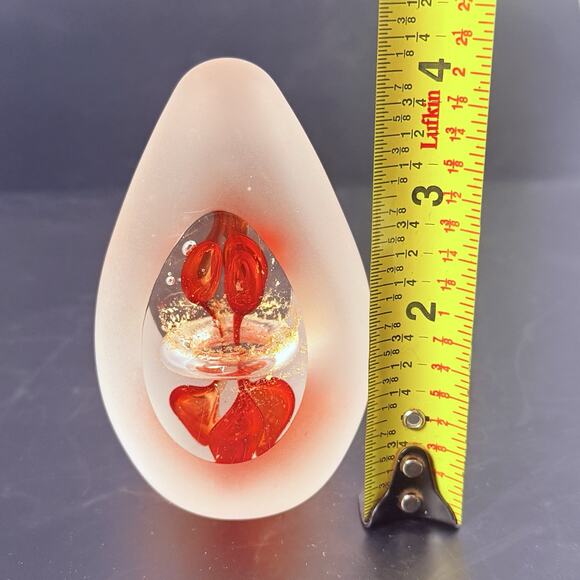 Vtg Glass Egg Paperweight Murano style Red Flame Gold Flecks Frosted Peek Art - Picture 5 of 6